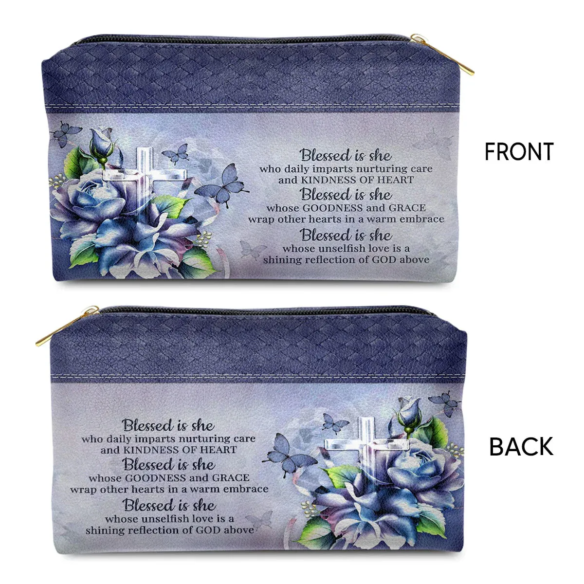 Christianartbag Makeup Cosmetic Bag, Blessed Is She Who Daily Imparts Nurturing Care And Kindness Of Heart, Christmas Gift, Personalized Leather Cosmetic Bag.