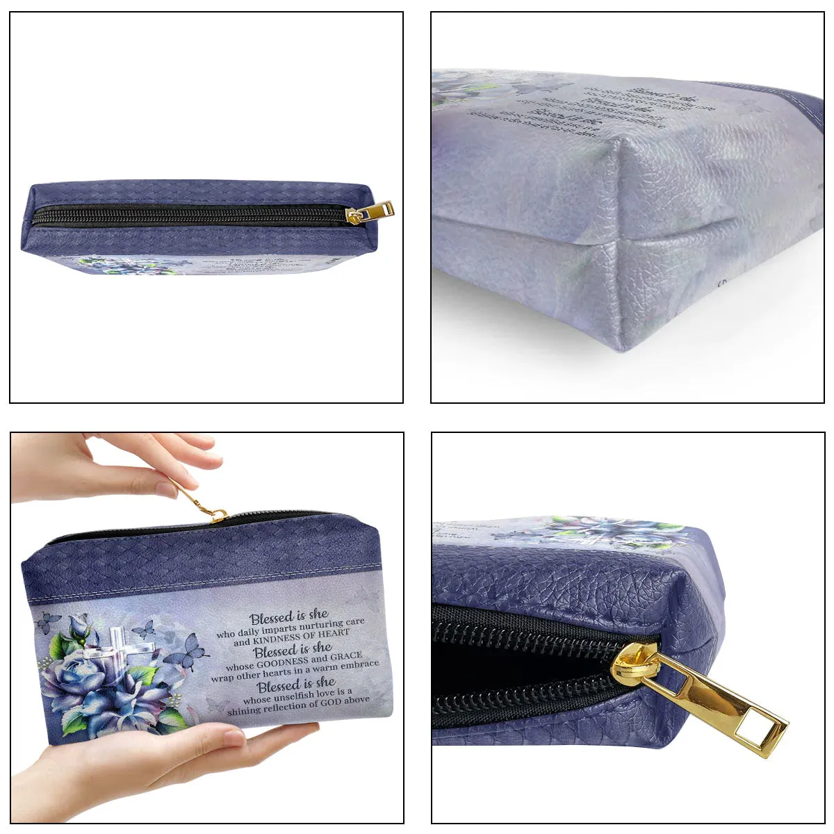 Christianartbag Makeup Cosmetic Bag, Blessed Is She Who Daily Imparts Nurturing Care And Kindness Of Heart, Christmas Gift, Personalized Leather Cosmetic Bag.