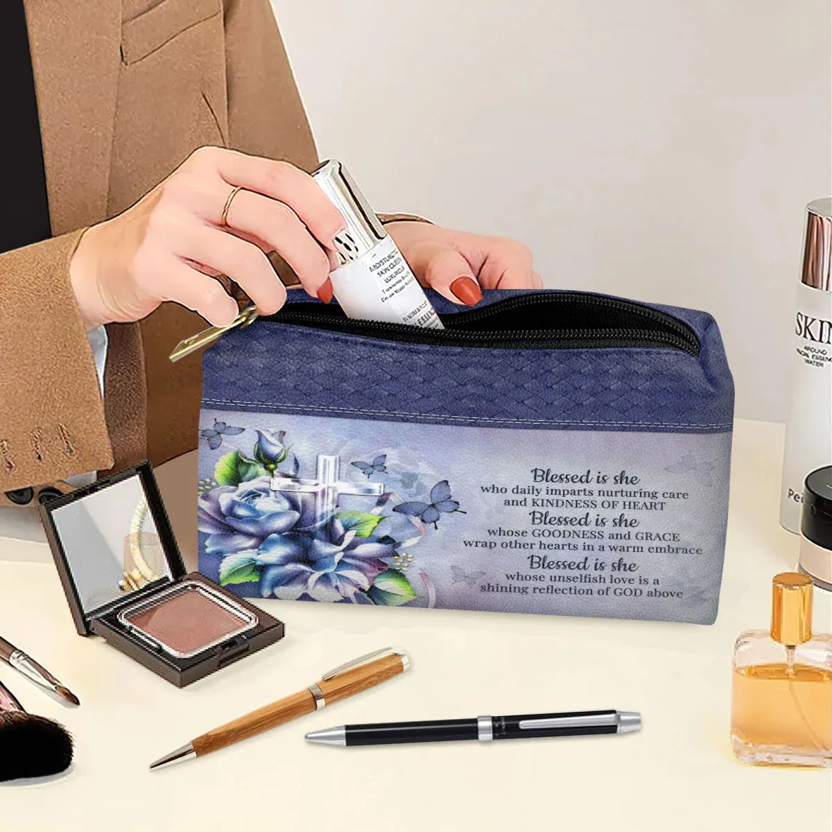 Christianartbag Makeup Cosmetic Bag, Blessed Is She Who Daily Imparts Nurturing Care And Kindness Of Heart, Christmas Gift, Personalized Leather Cosmetic Bag.
