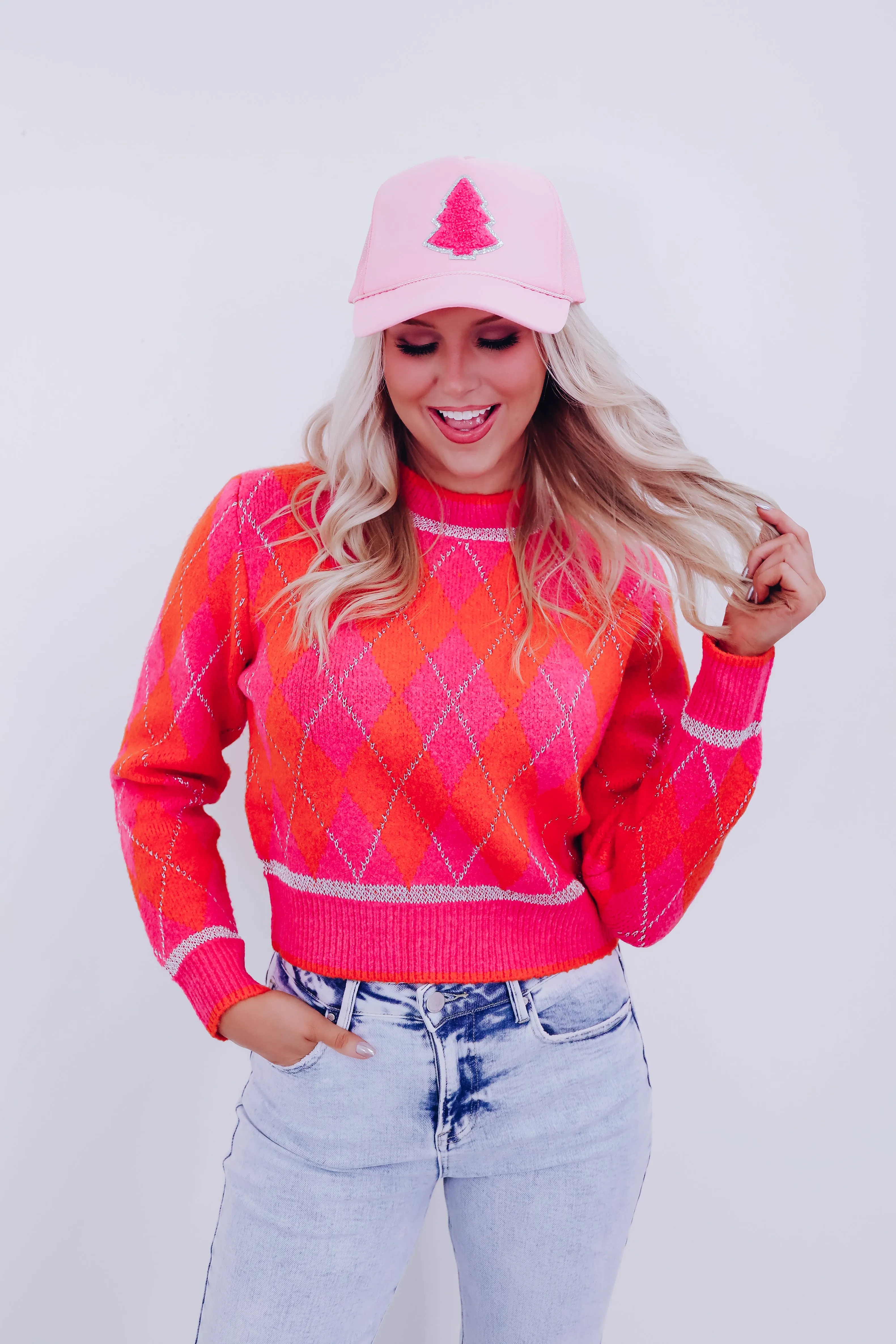 Christmas Tree Glitter Patch Trucker Hat - Pink