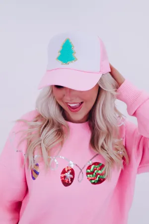 Christmas Tree Glitter Patch Trucker Hat - Teal