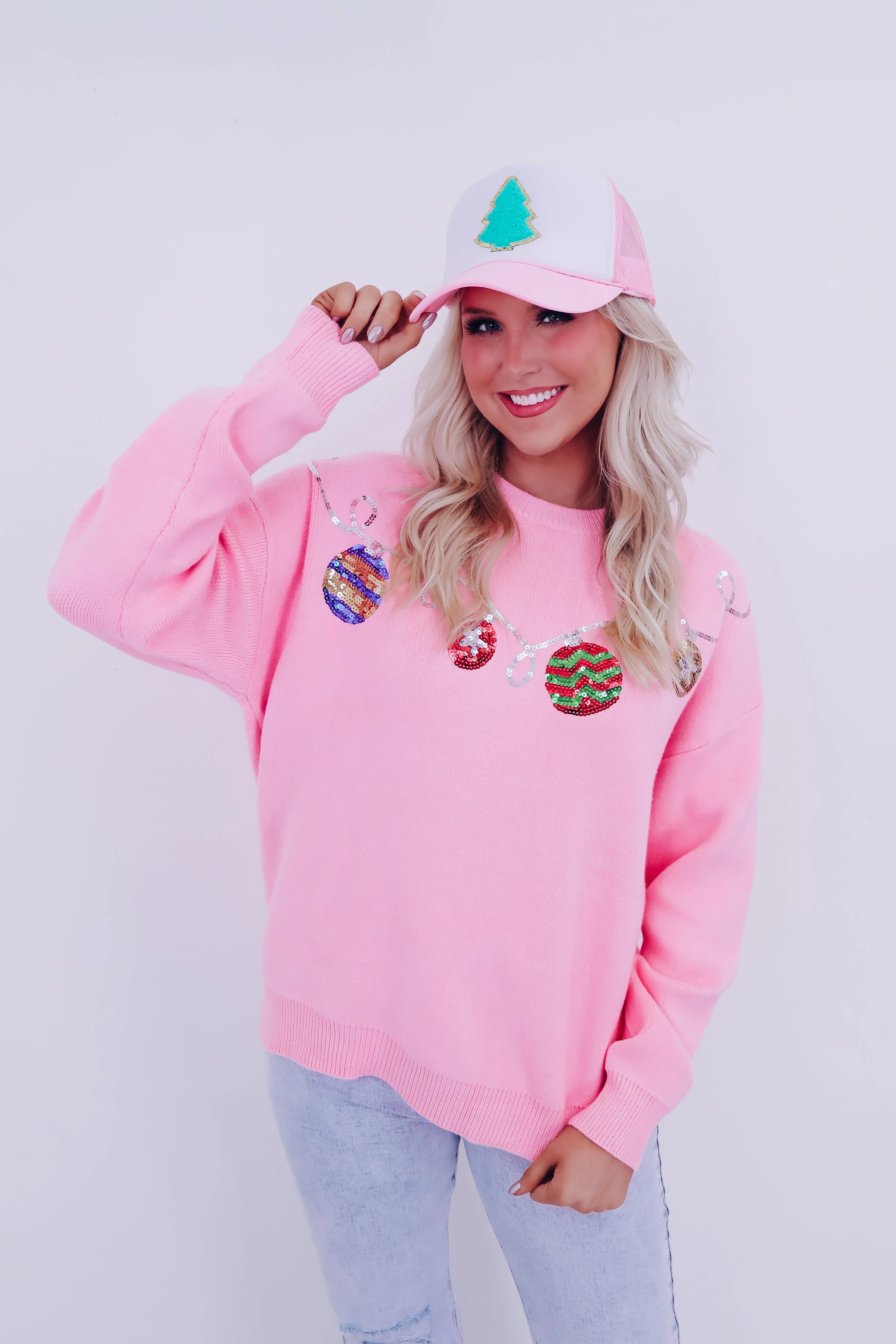 Christmas Tree Glitter Patch Trucker Hat - Teal