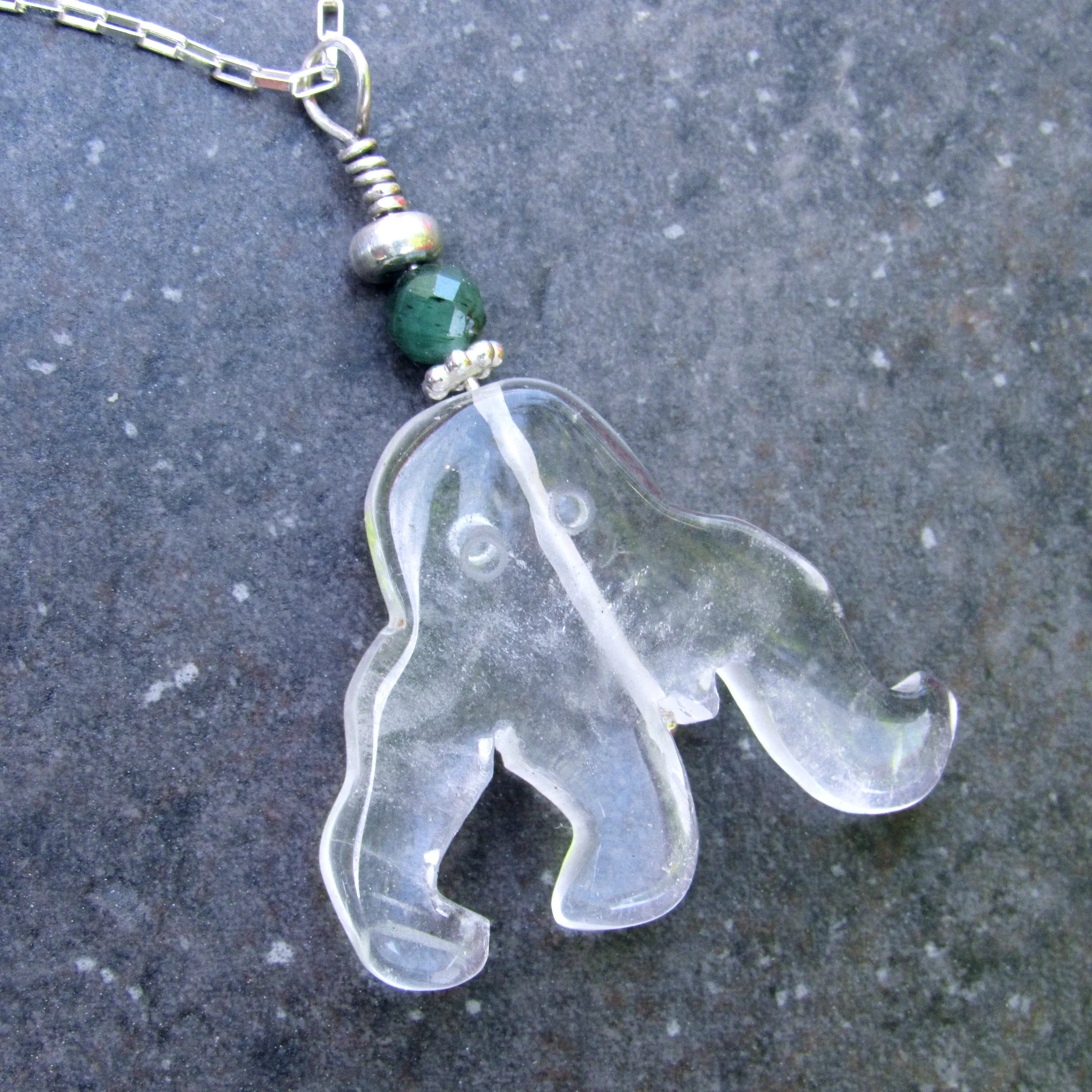Clear Quartz Gemstone Octopus with Green Emerald and Sterling Silver on Sterling Silver Chain