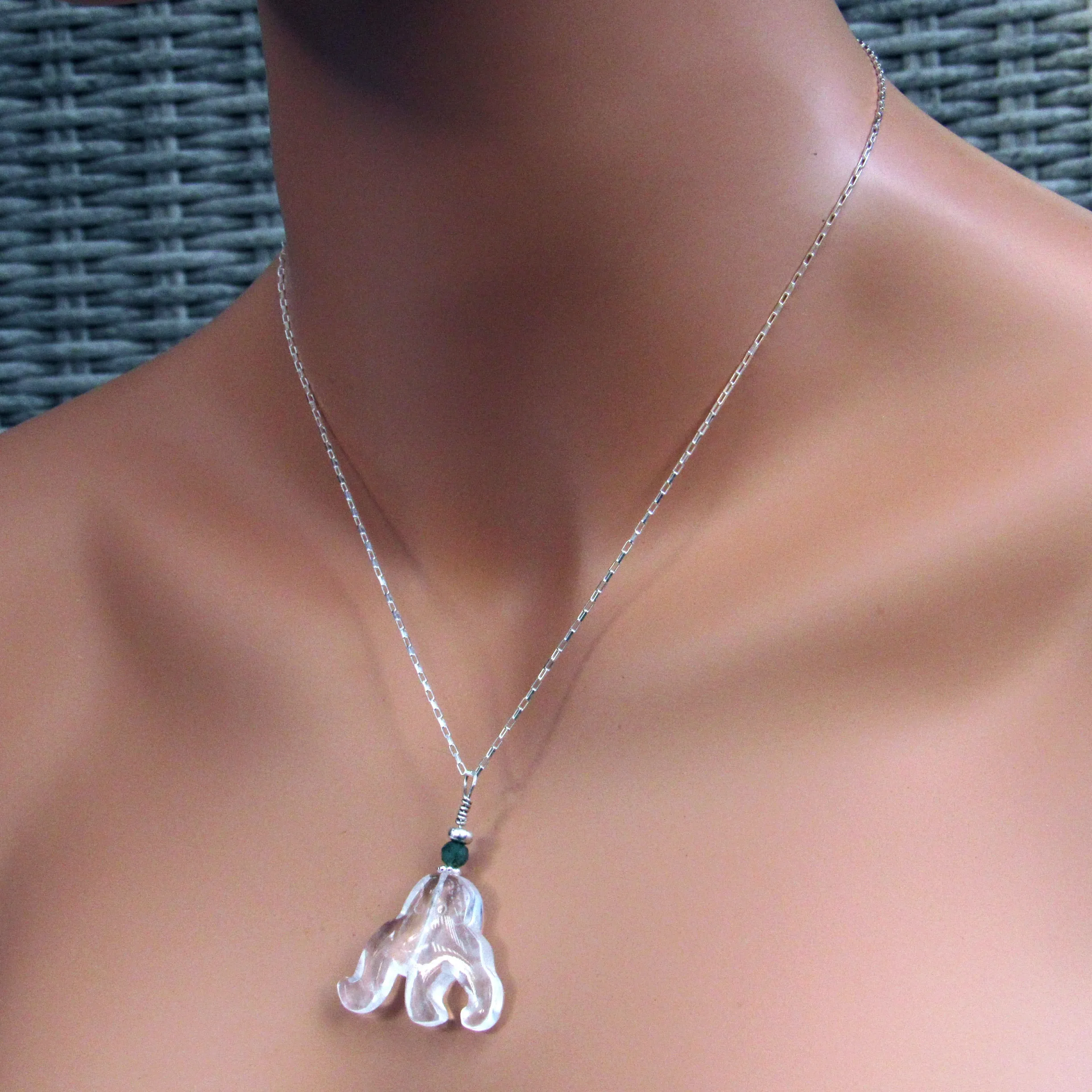 Clear Quartz Gemstone Octopus with Green Emerald and Sterling Silver on Sterling Silver Chain