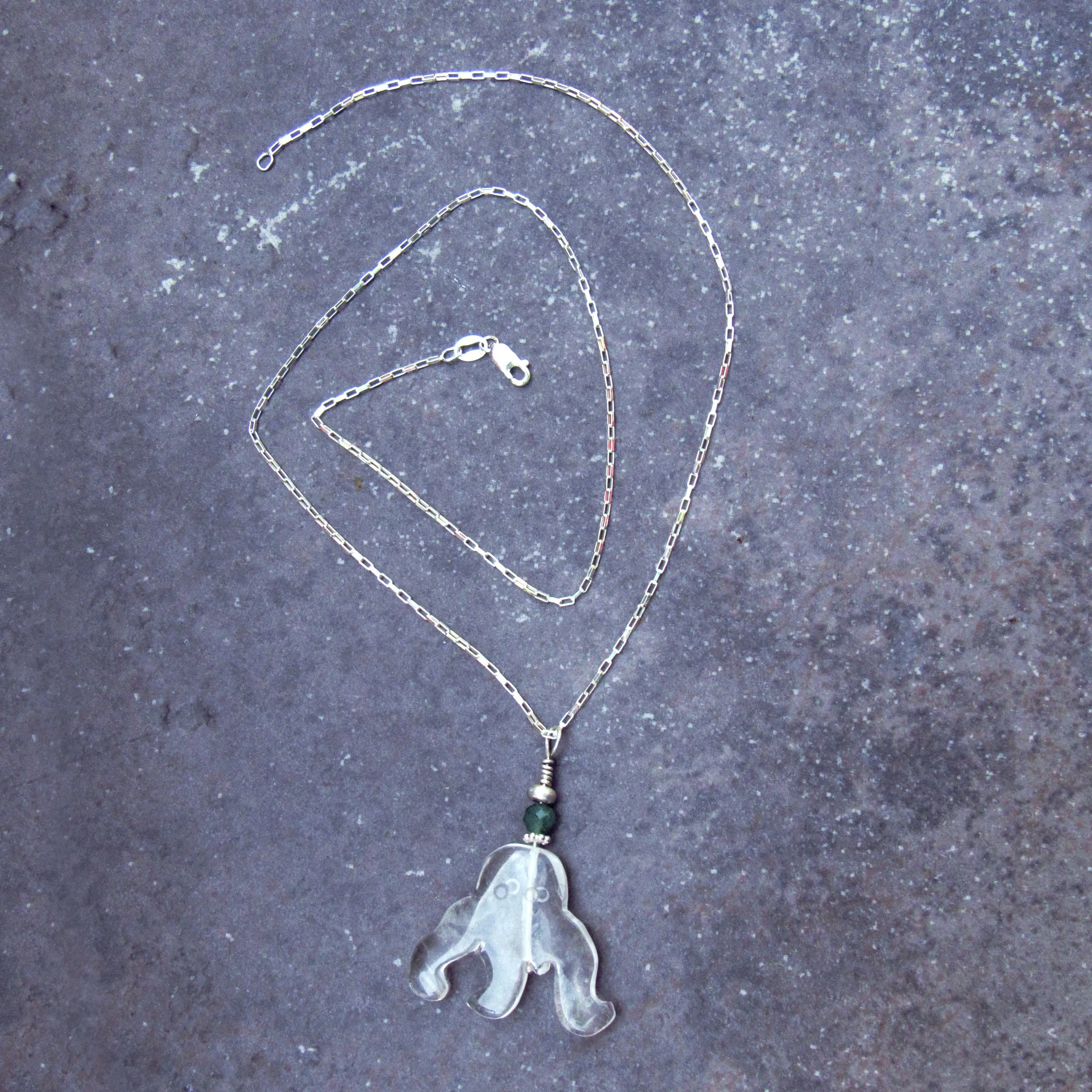 Clear Quartz Gemstone Octopus with Green Emerald and Sterling Silver on Sterling Silver Chain