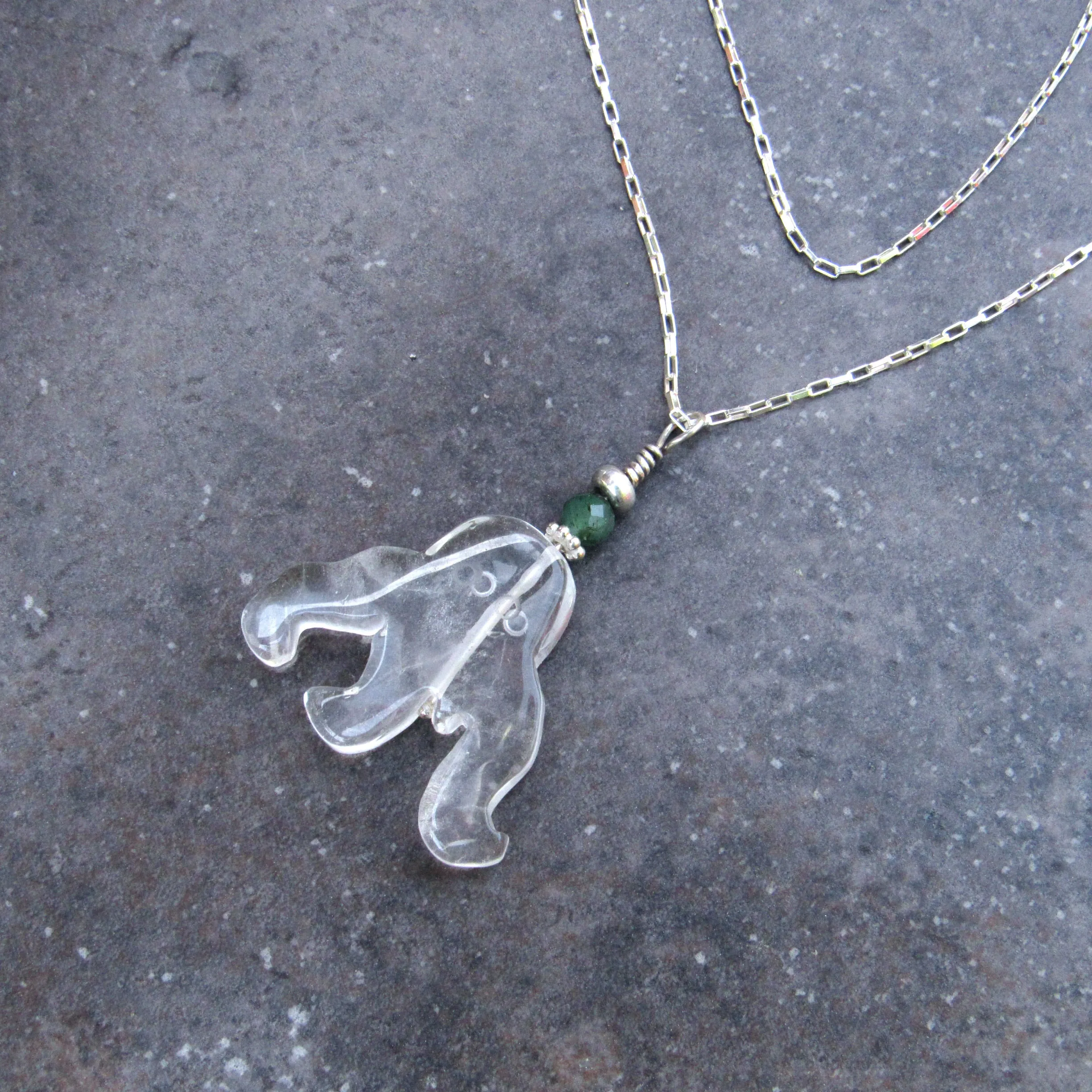 Clear Quartz Gemstone Octopus with Green Emerald and Sterling Silver on Sterling Silver Chain