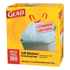 Clorox® Tall Kitchen Drawstring Bags, 24 x 27 3/8, 13gal, .95mil, White, 78526CT