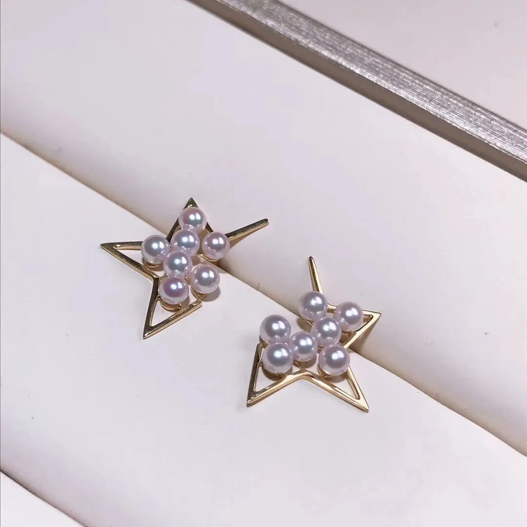 Comet Cultured Japanese Baby Akoya Pearl Stud Earrings Mounted on 18K Gold