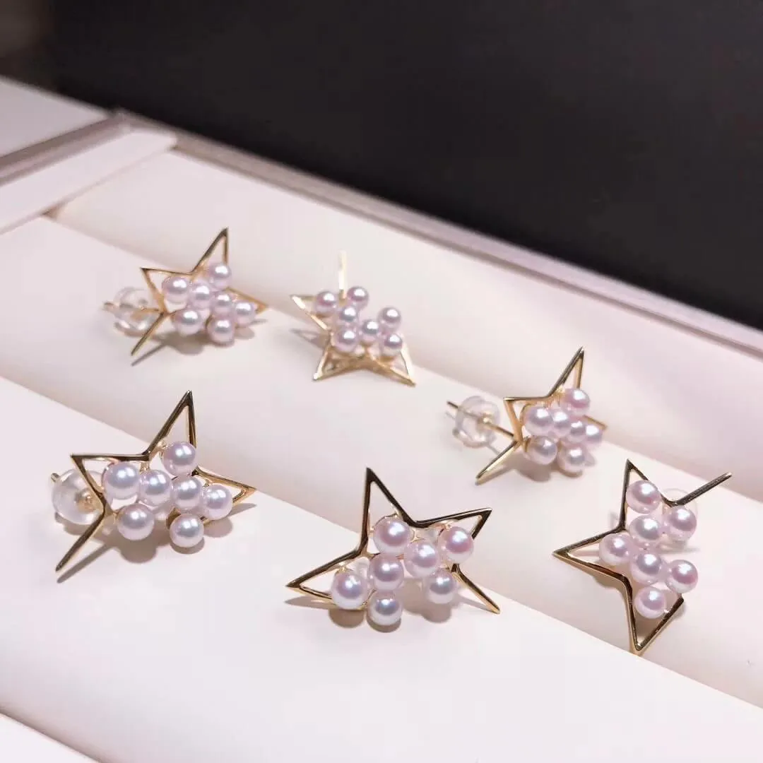 Comet Cultured Japanese Baby Akoya Pearl Stud Earrings Mounted on 18K Gold