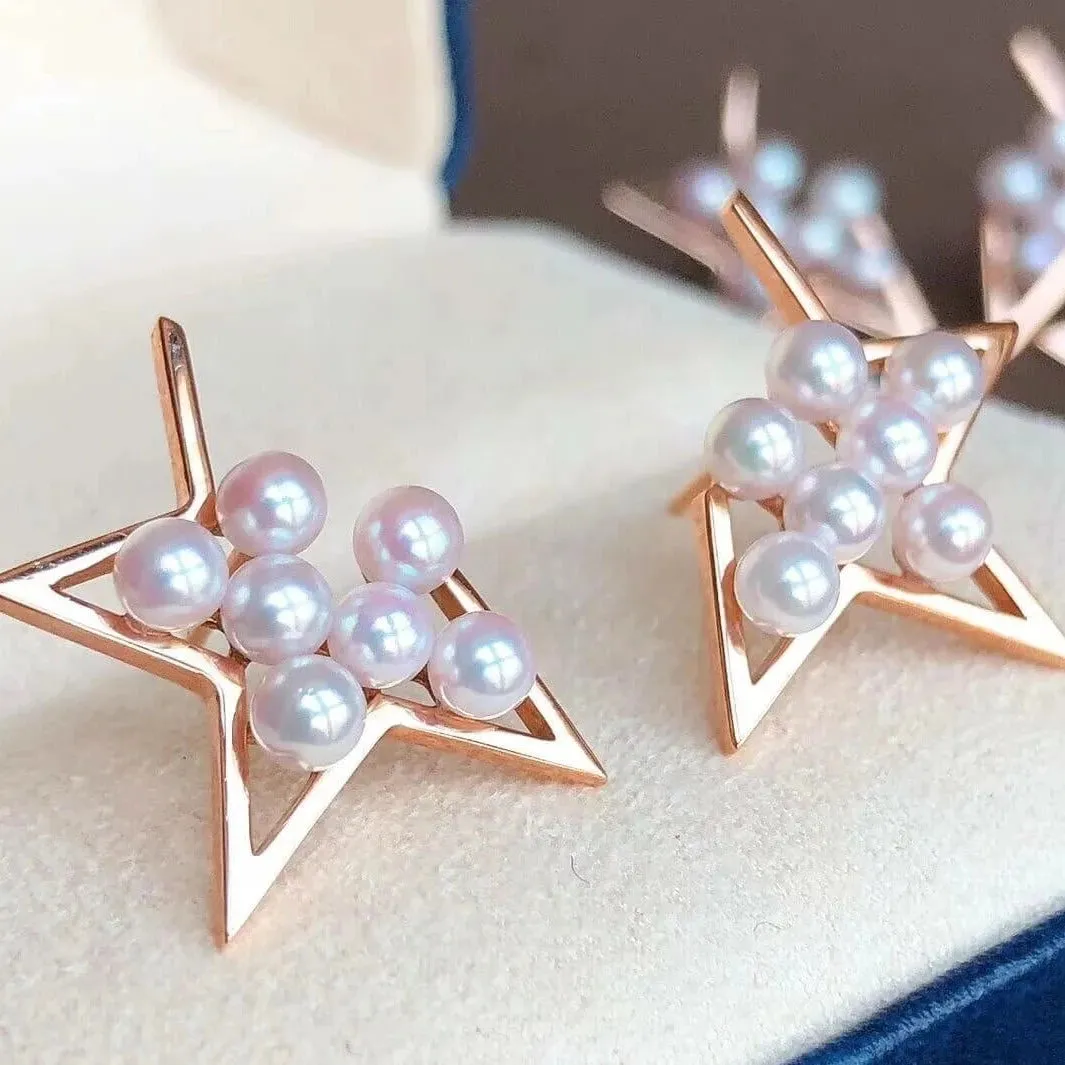 Comet Cultured Japanese Baby Akoya Pearl Stud Earrings Mounted on 18K Gold