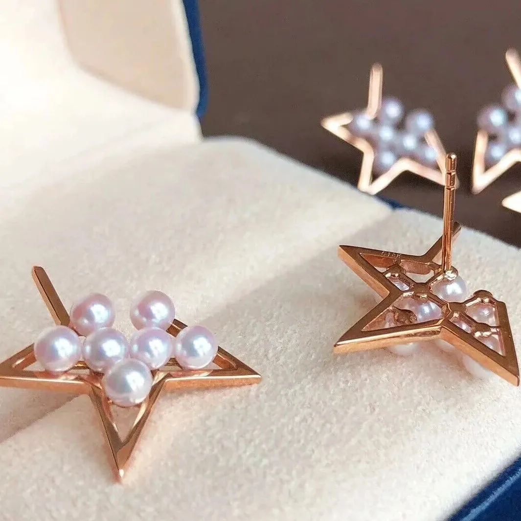 Comet Cultured Japanese Baby Akoya Pearl Stud Earrings Mounted on 18K Gold