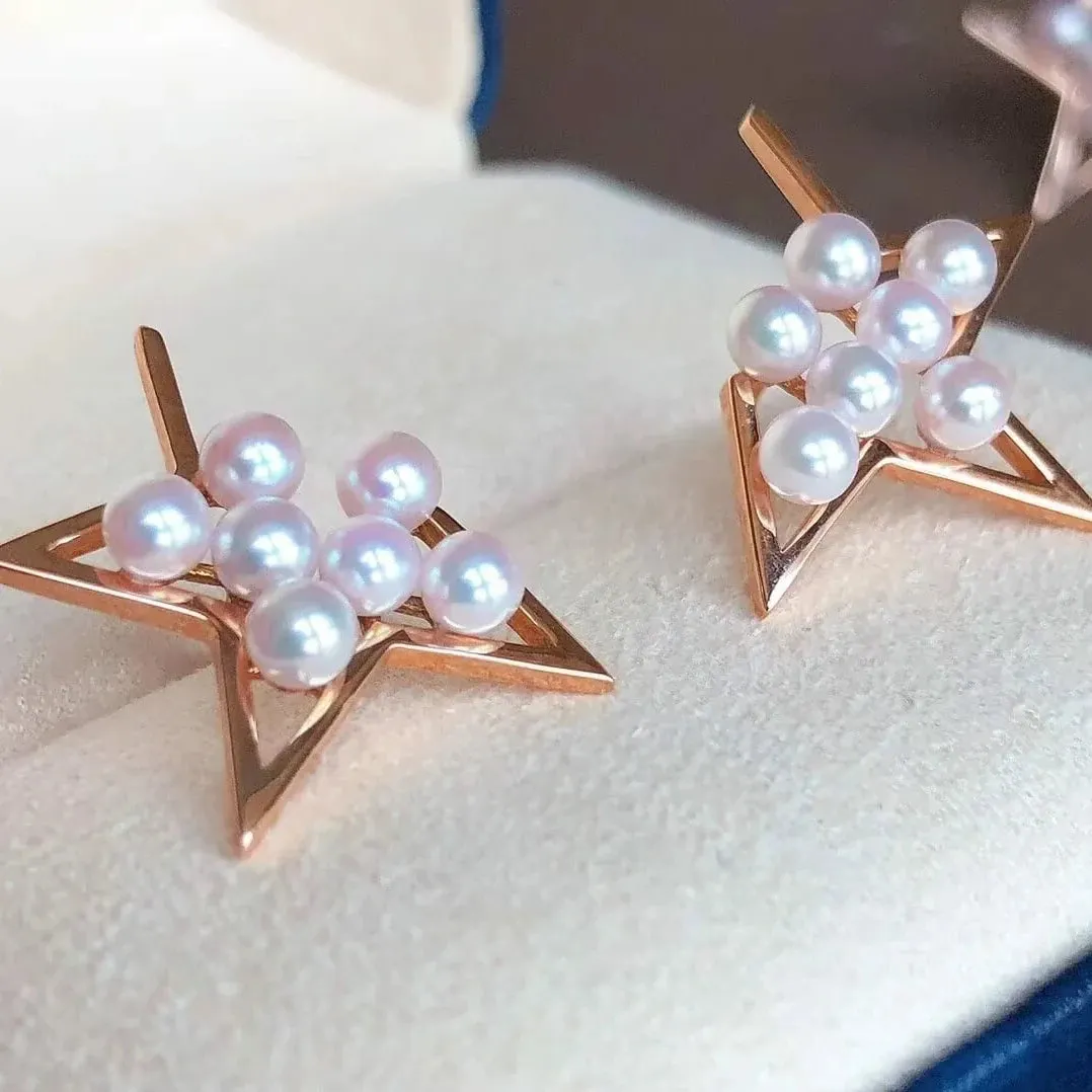 Comet Cultured Japanese Baby Akoya Pearl Stud Earrings Mounted on 18K Gold