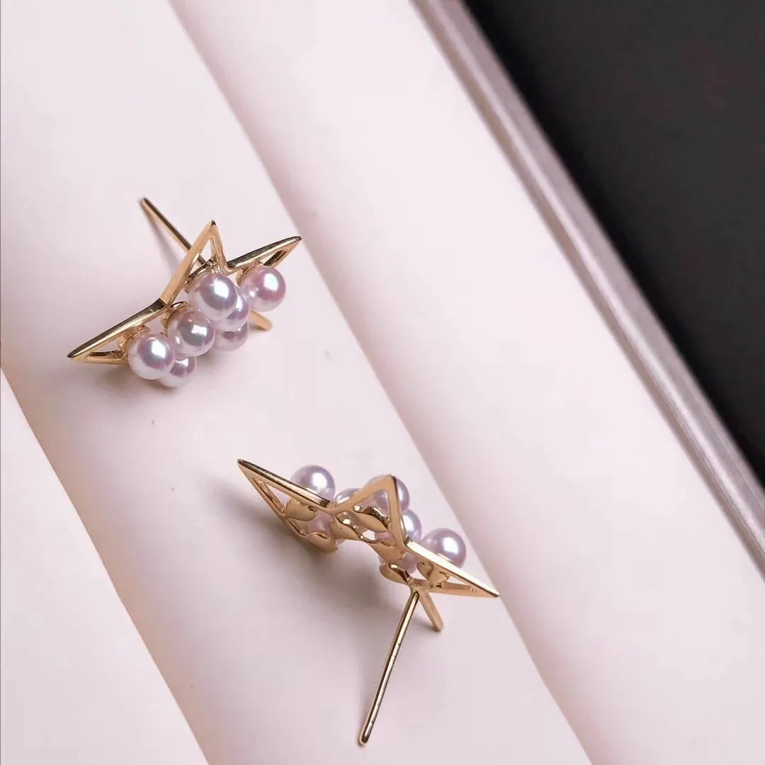 Comet Cultured Japanese Baby Akoya Pearl Stud Earrings Mounted on 18K Gold