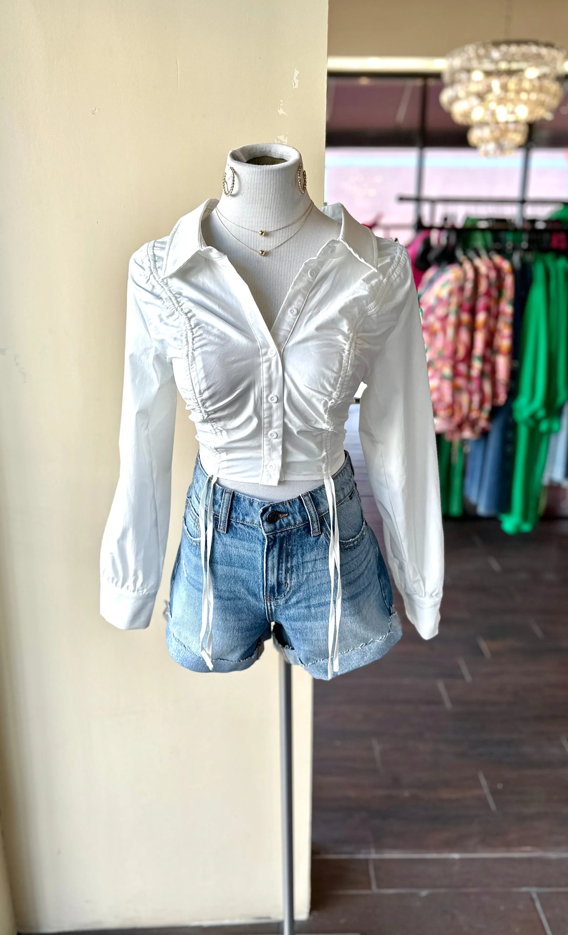 Cotton Ruched Drawstring Crop Shirt