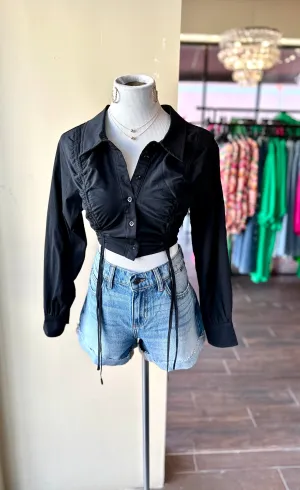 Cotton Ruched Drawstring Crop Shirt