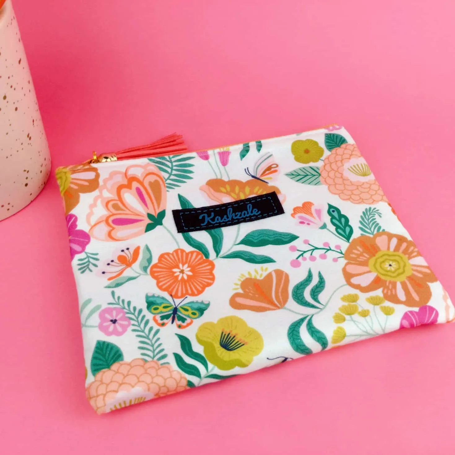 Cream Floral Small Clutch, Small makeup bag.