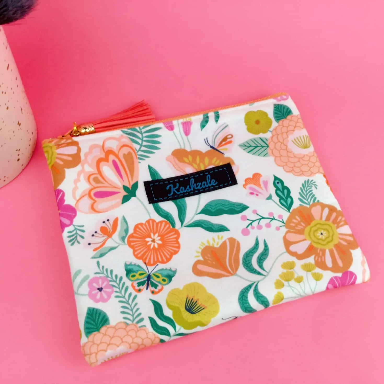Cream Floral Small Clutch, Small makeup bag.