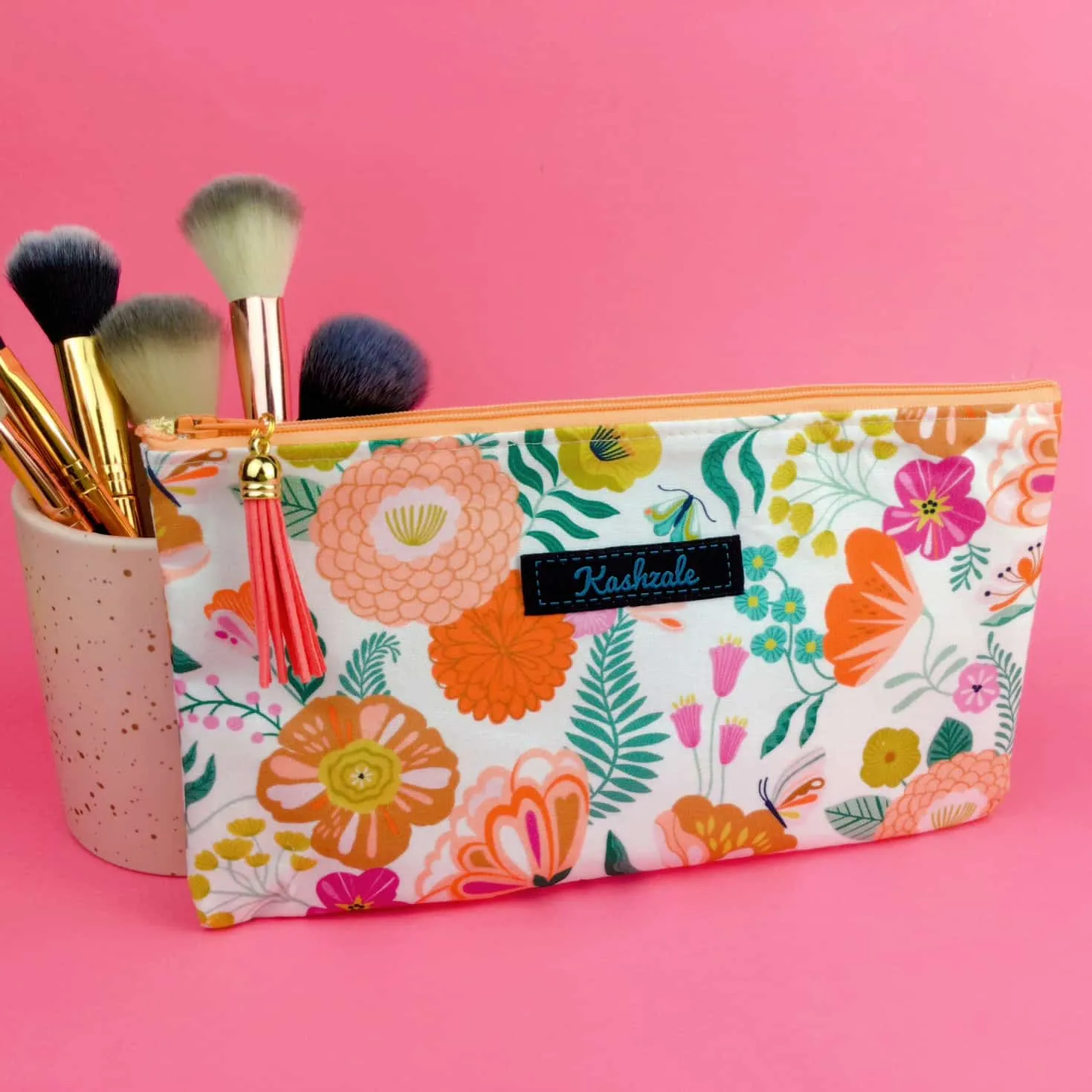 Cream Floral Zipper Pouch, Travel Pouch.
