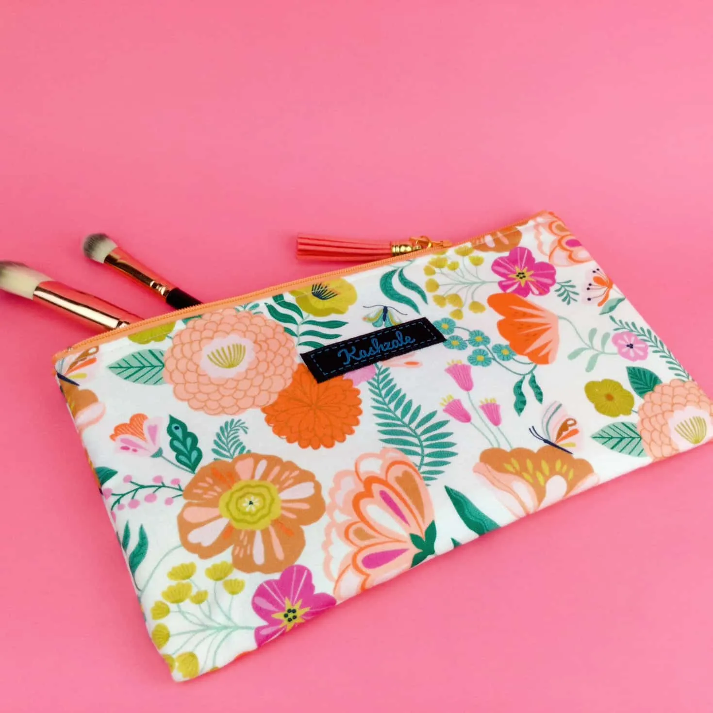 Cream Floral Zipper Pouch, Travel Pouch.