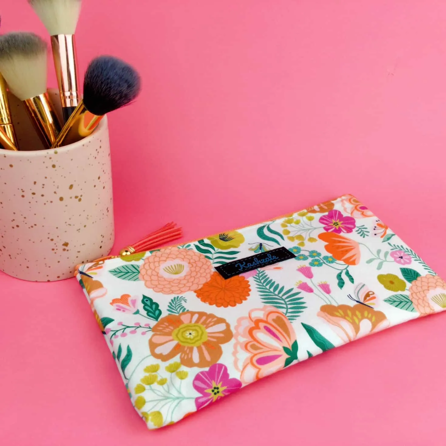 Cream Floral Zipper Pouch, Travel Pouch.