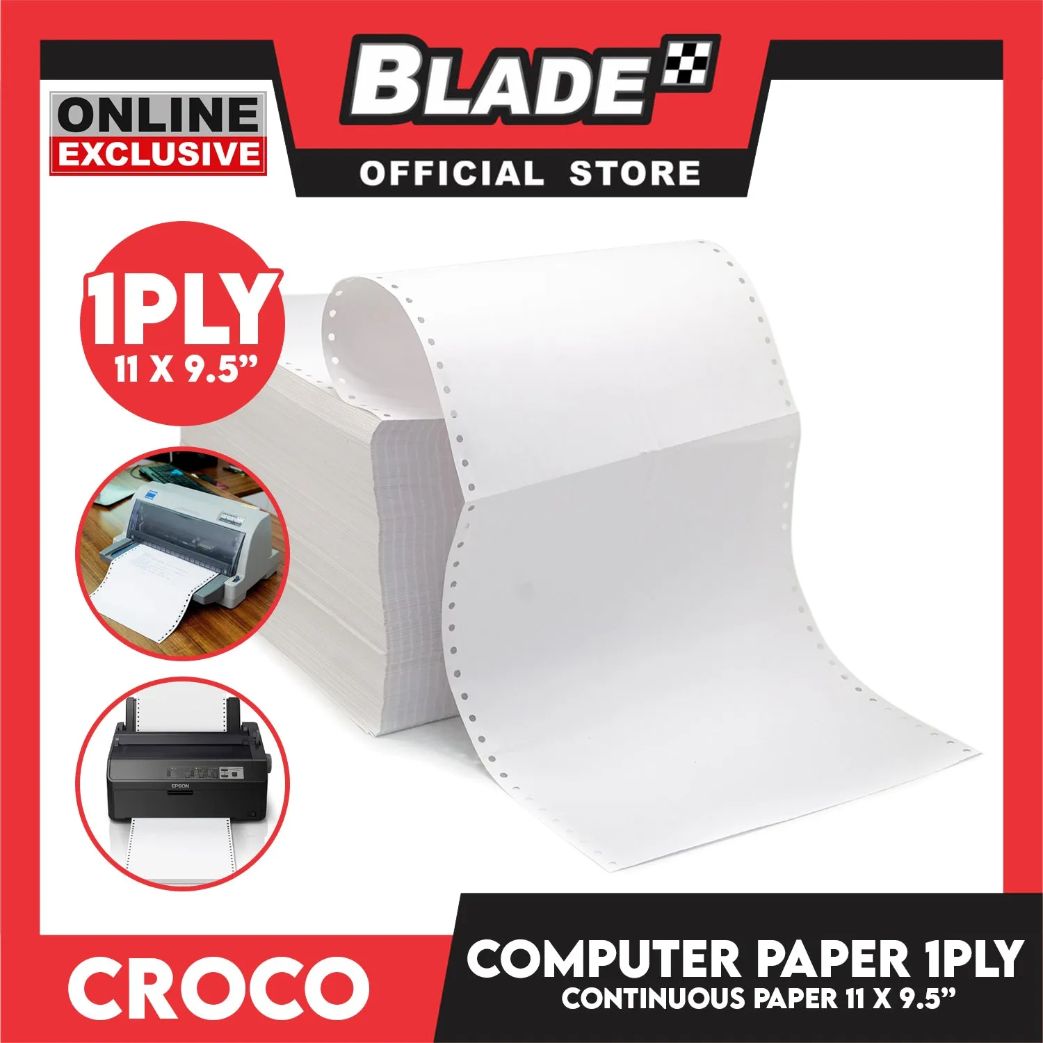 Croco Computer Forms Standard 11x9 1/2'' 1Box (1Ply) Continuous Computer Paper Carbonless 2000 Sheets
