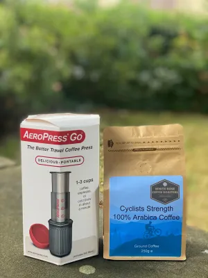 Cyclists Strength Blend Retail Gift Bag 250g and Aerobie Aeropress Go Coffee Maker