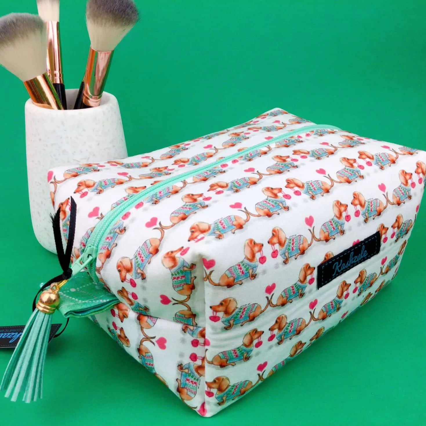 Dachshund Large Box Cosmetic Bag. White