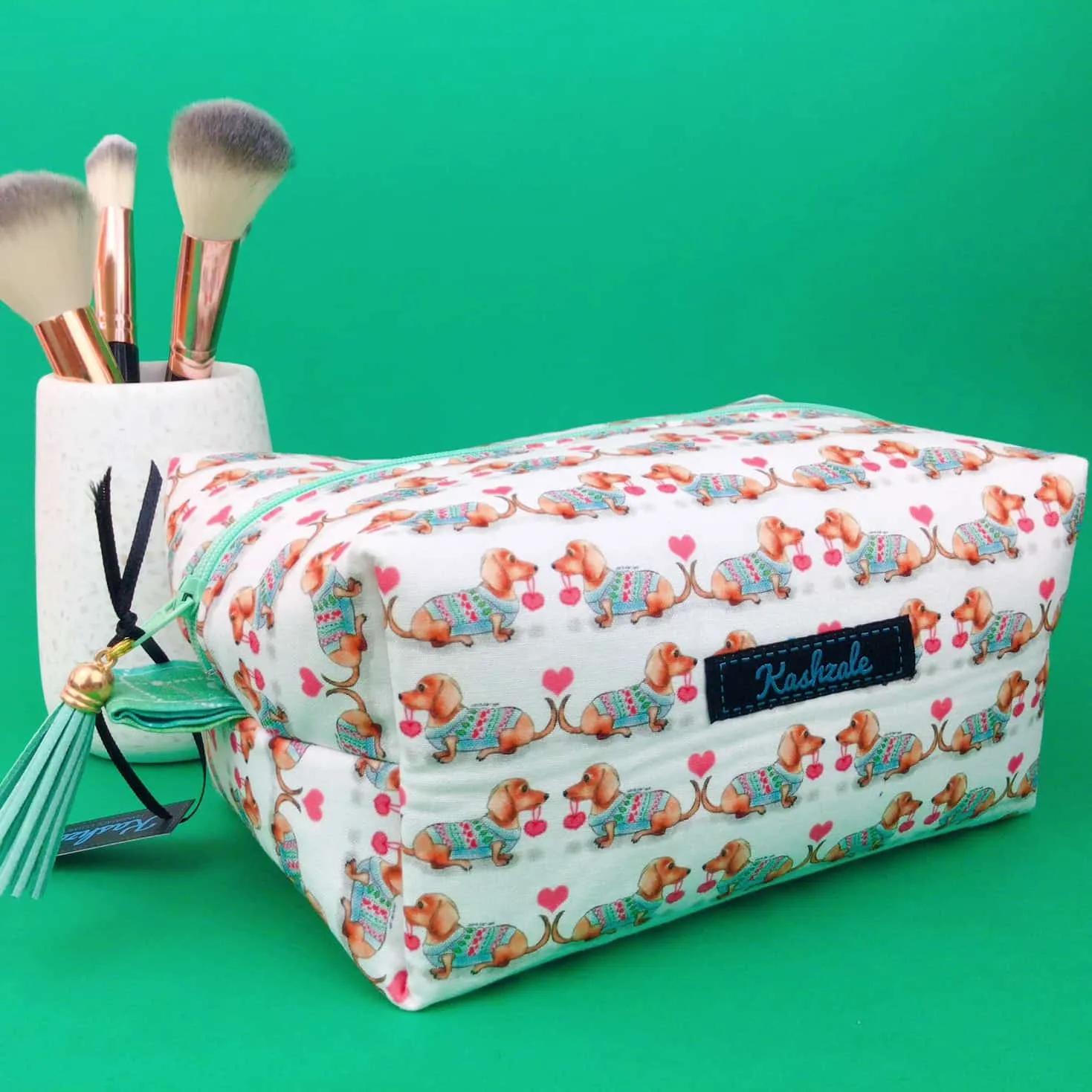 Dachshund Large Box Cosmetic Bag. White