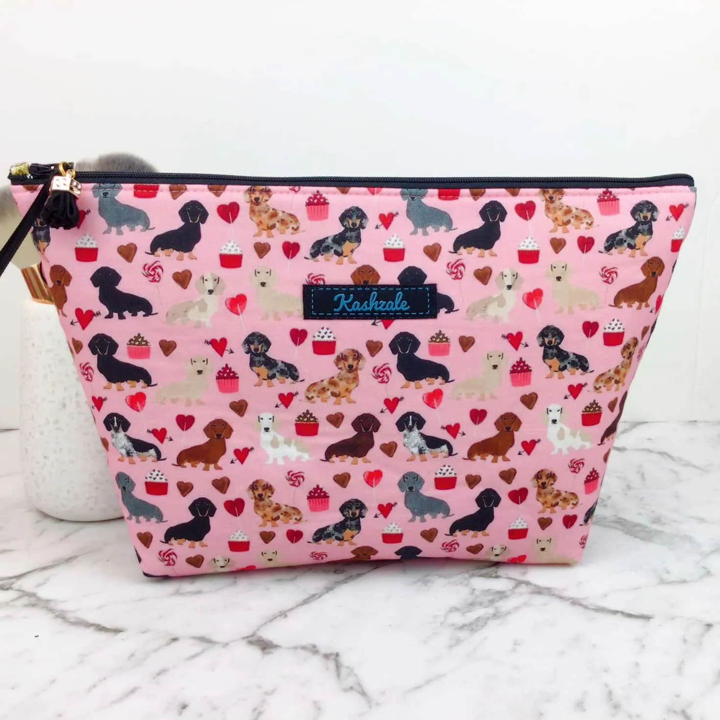 Dachshund Large Makeup Bag. Pink