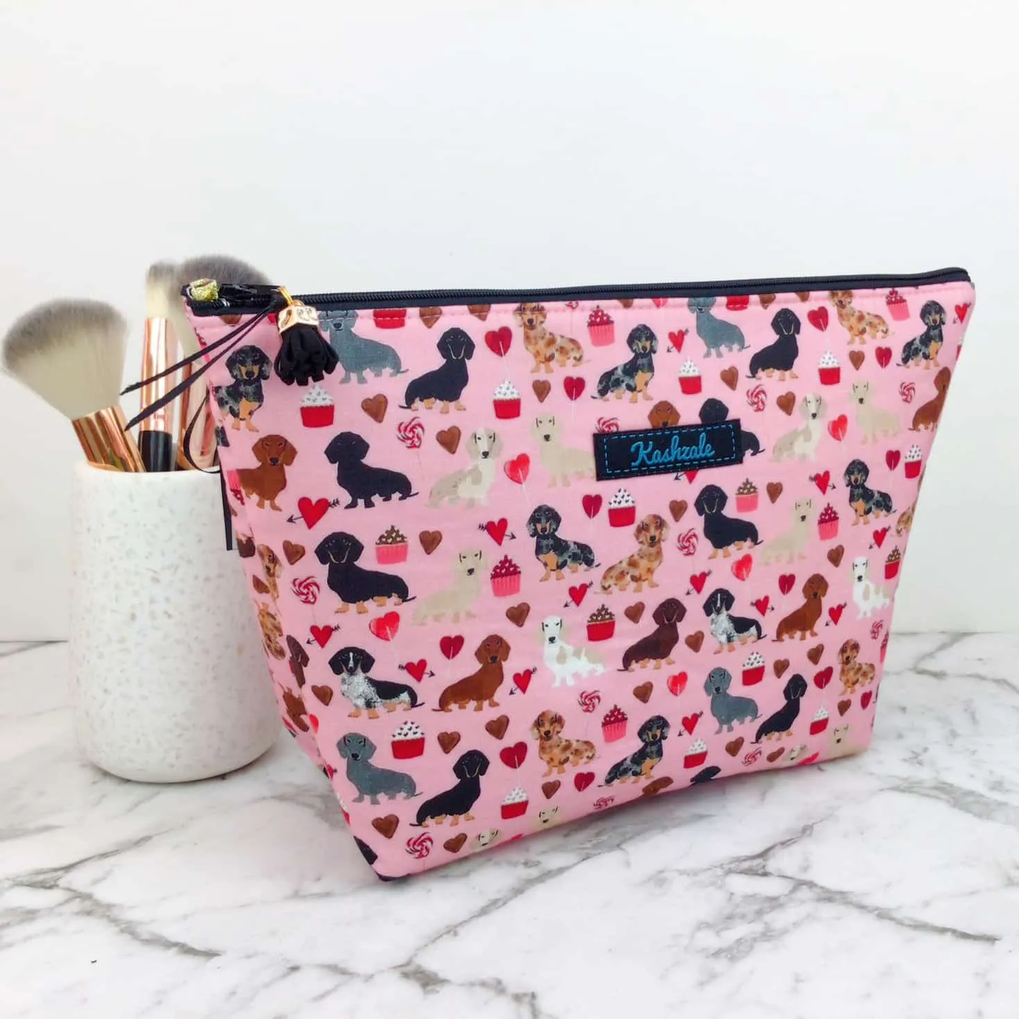 Dachshund Large Makeup Bag. Pink