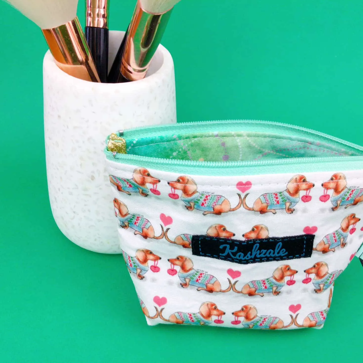 Dachshund Small Makeup Bag. White