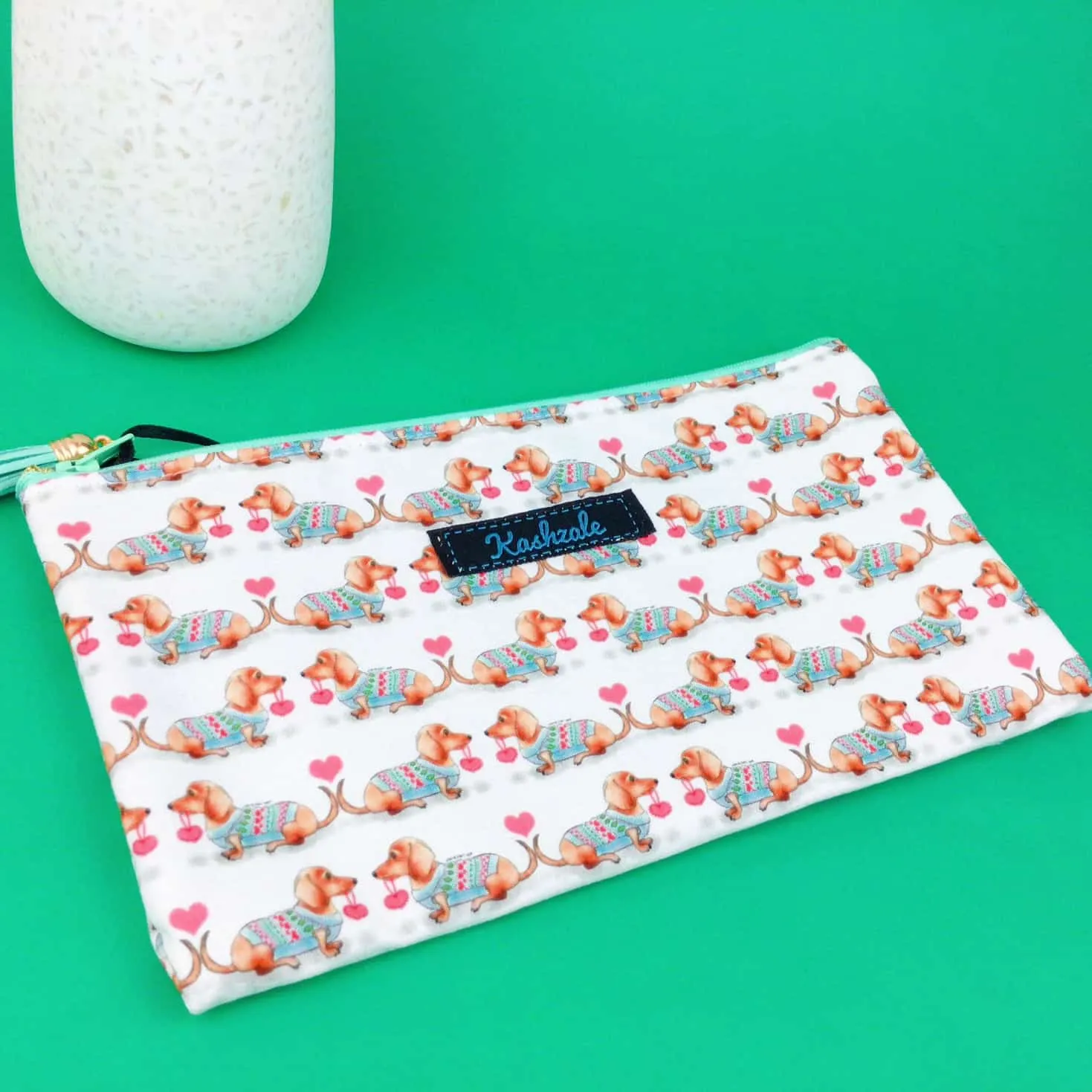 Dachshund Zipper Pouch, Travel Pouch. White