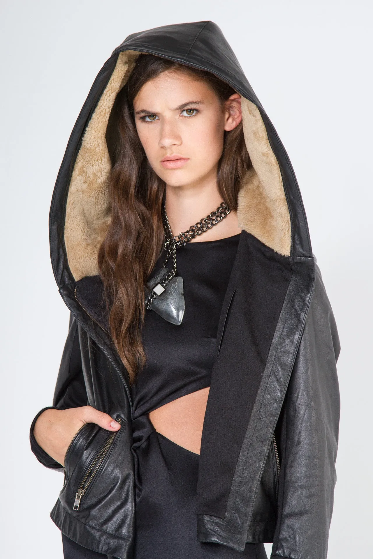 Deep Hood Shearling Leather Jacket