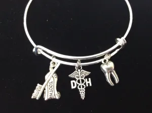 Dental Hygienist DH 3D Silver Tooth Toothpaste and Toothbrush on Expandable Adjustable Wire Bangle Bracelet Gift