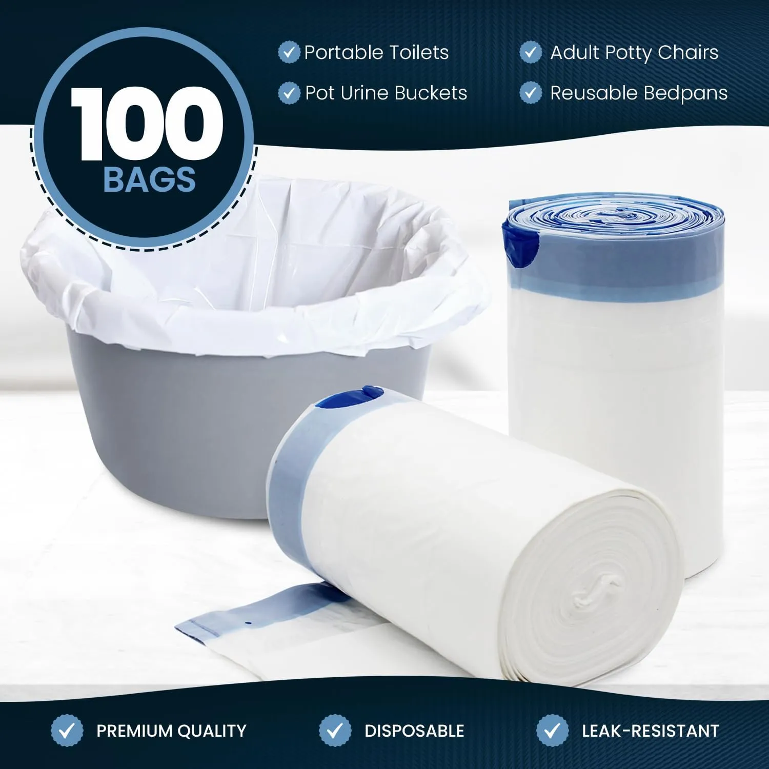 Disposable Bedside Commode Liner Bags [Pack of 100]- Odor-Control Leakproof