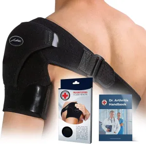 Doctor Developed Shoulder Support/Shoulder Strap/Shoulder Brace [single] & Doctor Written Handbook - Relief For Shoulder Injuries, Arthritis, Sprains & More (Black)