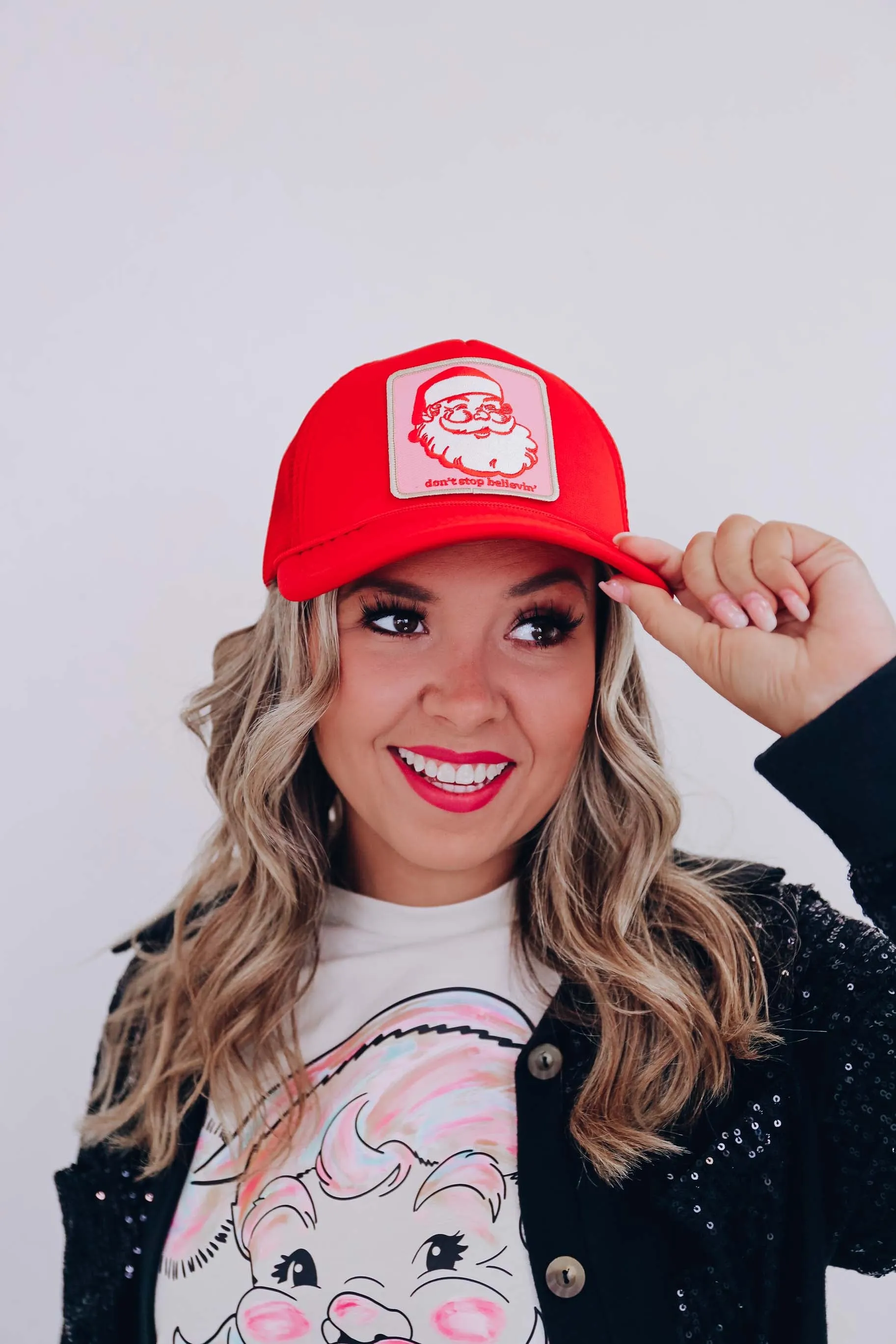 Don't Stop Believin' Santa Trucker Hat - Red
