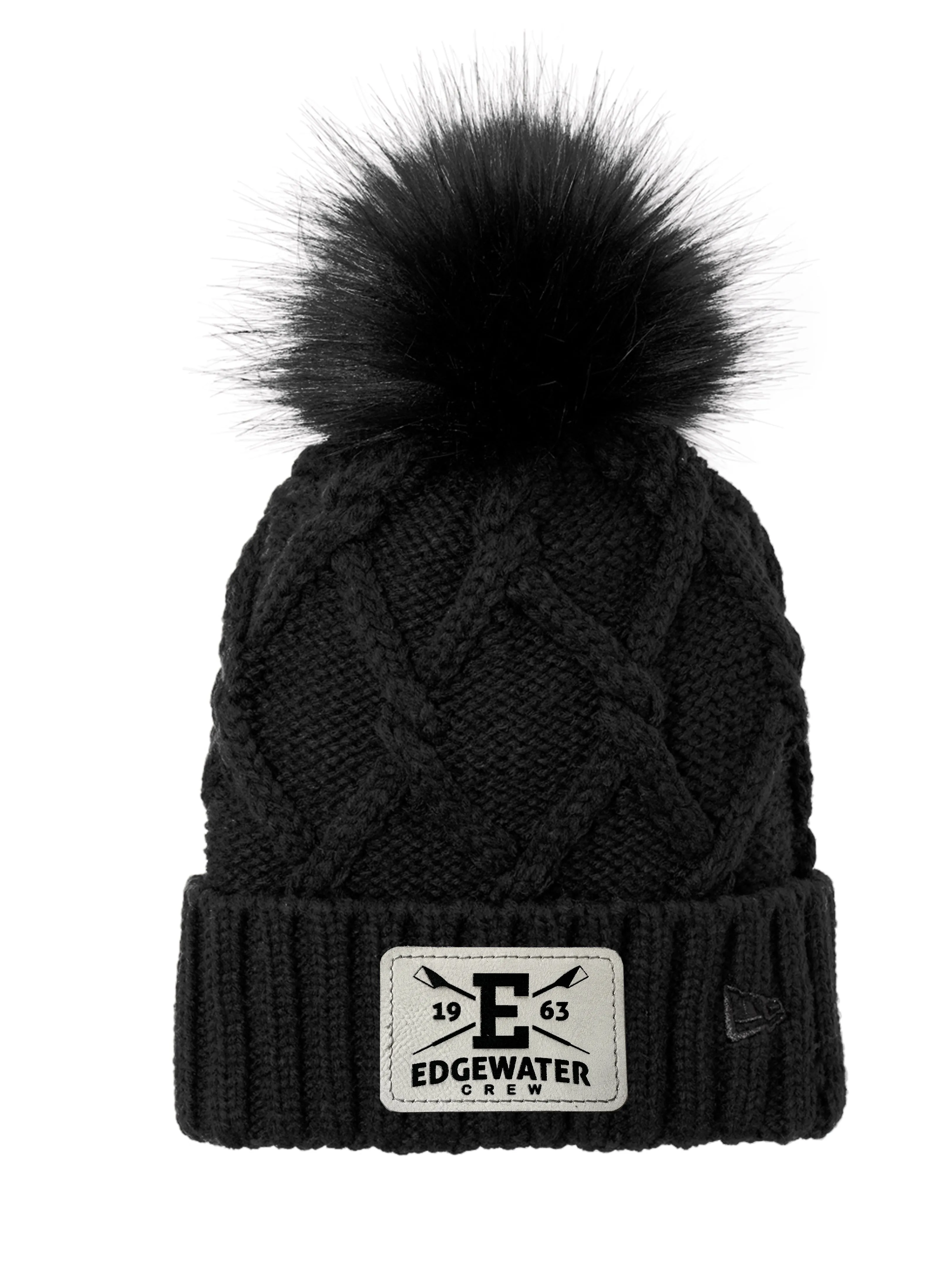 Edgewater Crew Engraved Patch Faux Fur Pom Beanie