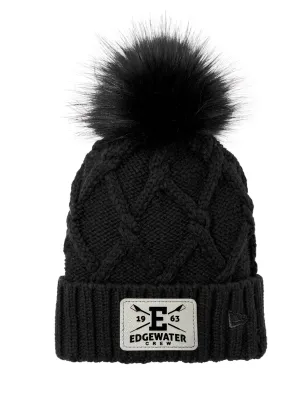 Edgewater Crew Engraved Patch Faux Fur Pom Beanie