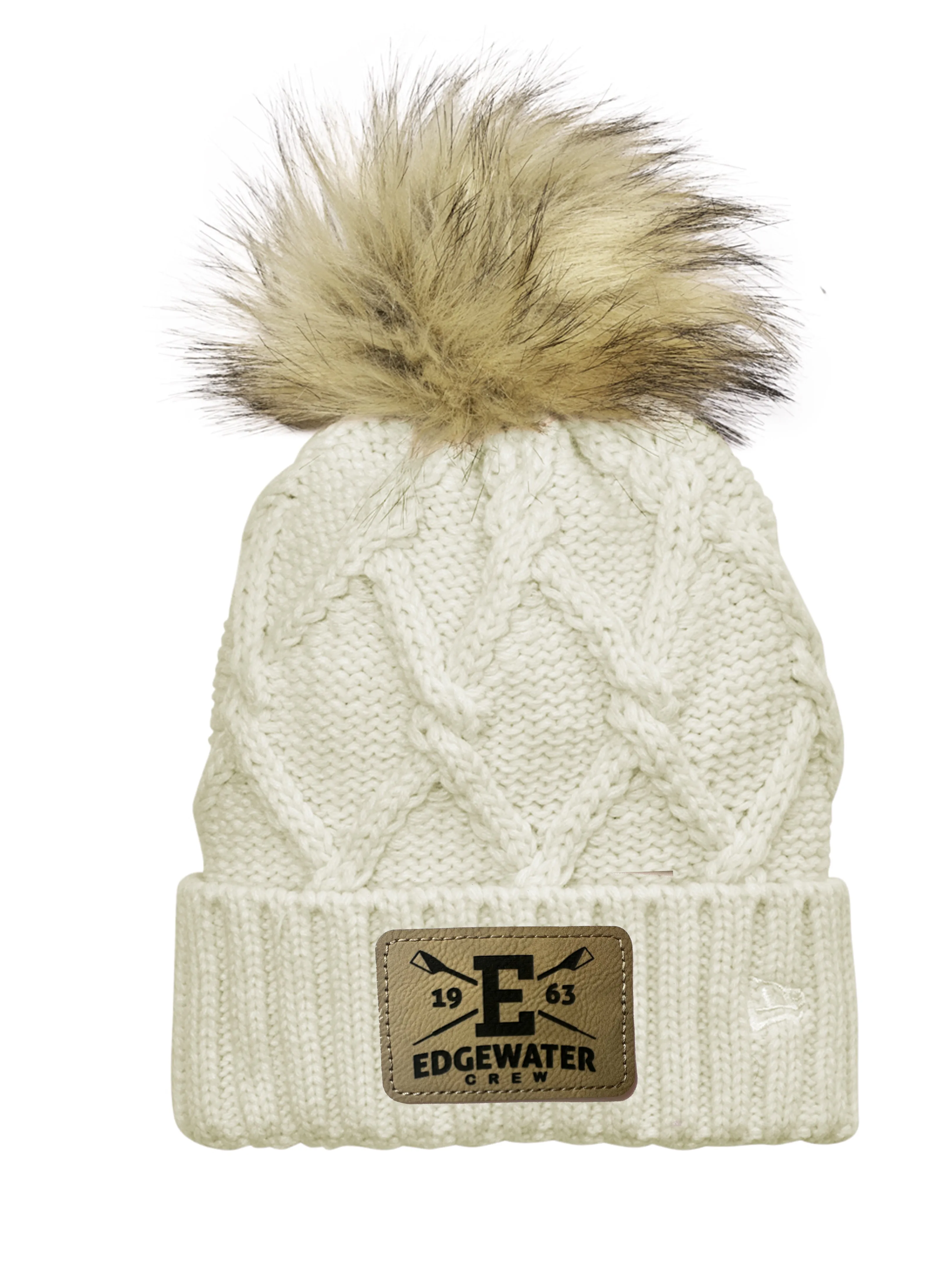 Edgewater Crew Engraved Patch Faux Fur Pom Beanie