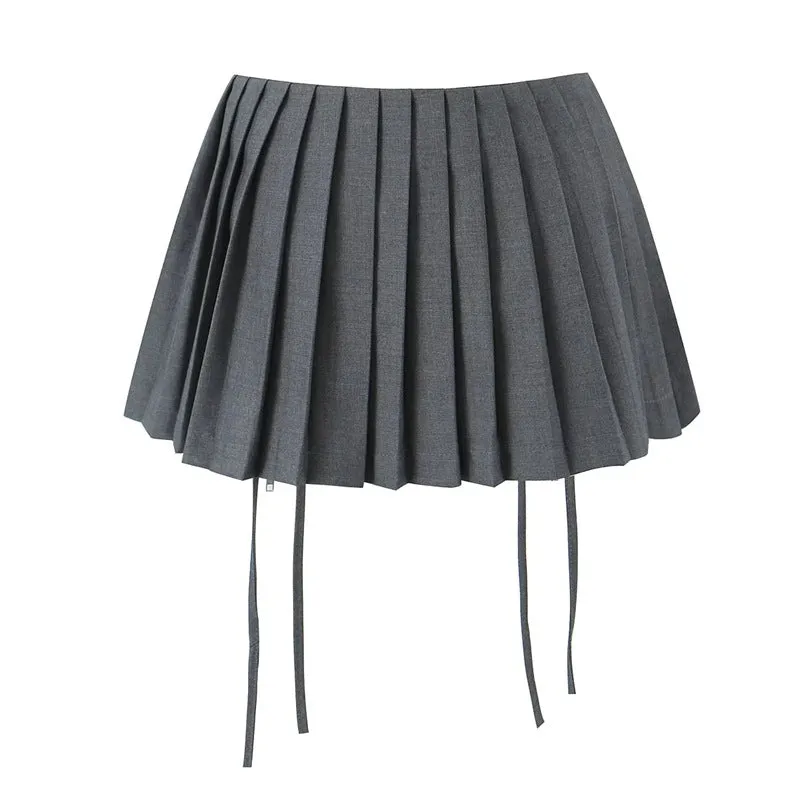 European and American Design High Waist Double Drawstring Skirt Female Hot Girl Anti-Exposure All-Match PleatedAWord Mini Skirt