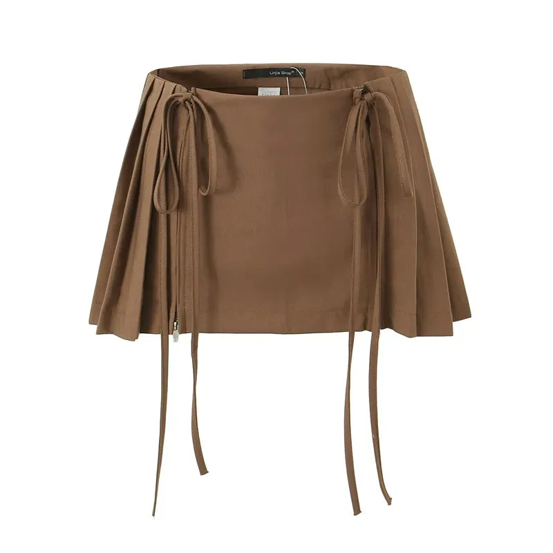 European and American Design High Waist Double Drawstring Skirt Female Hot Girl Anti-Exposure All-Match PleatedAWord Mini Skirt