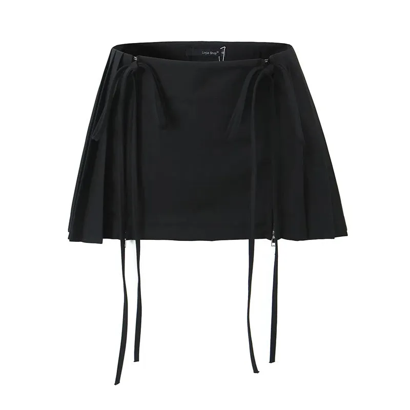 European and American Design High Waist Double Drawstring Skirt Female Hot Girl Anti-Exposure All-Match PleatedAWord Mini Skirt