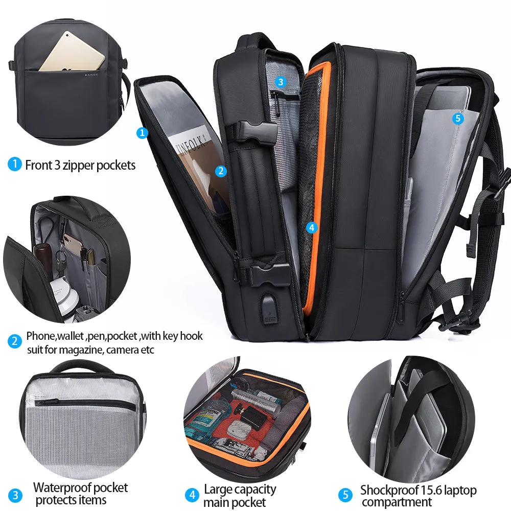 Expandable Backpack Large Capacity Black Travel Bag