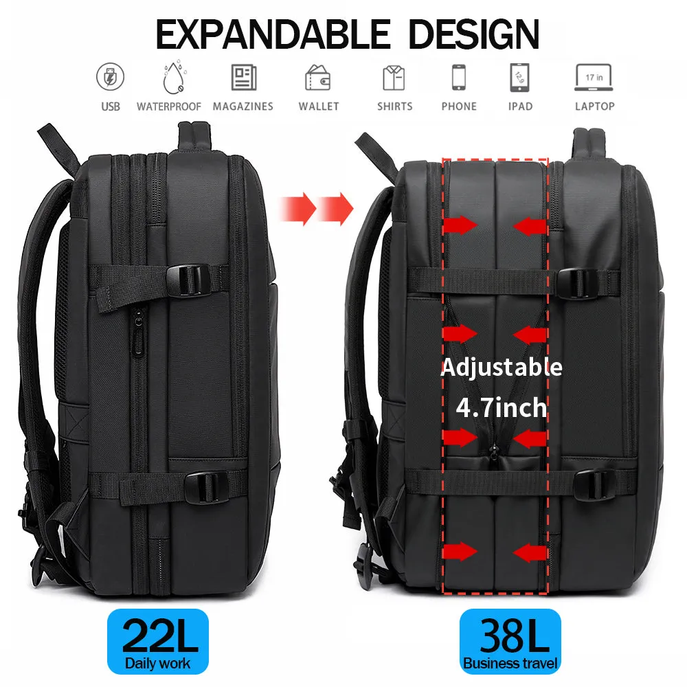 Expandable Backpack Large Capacity Black Travel Bag