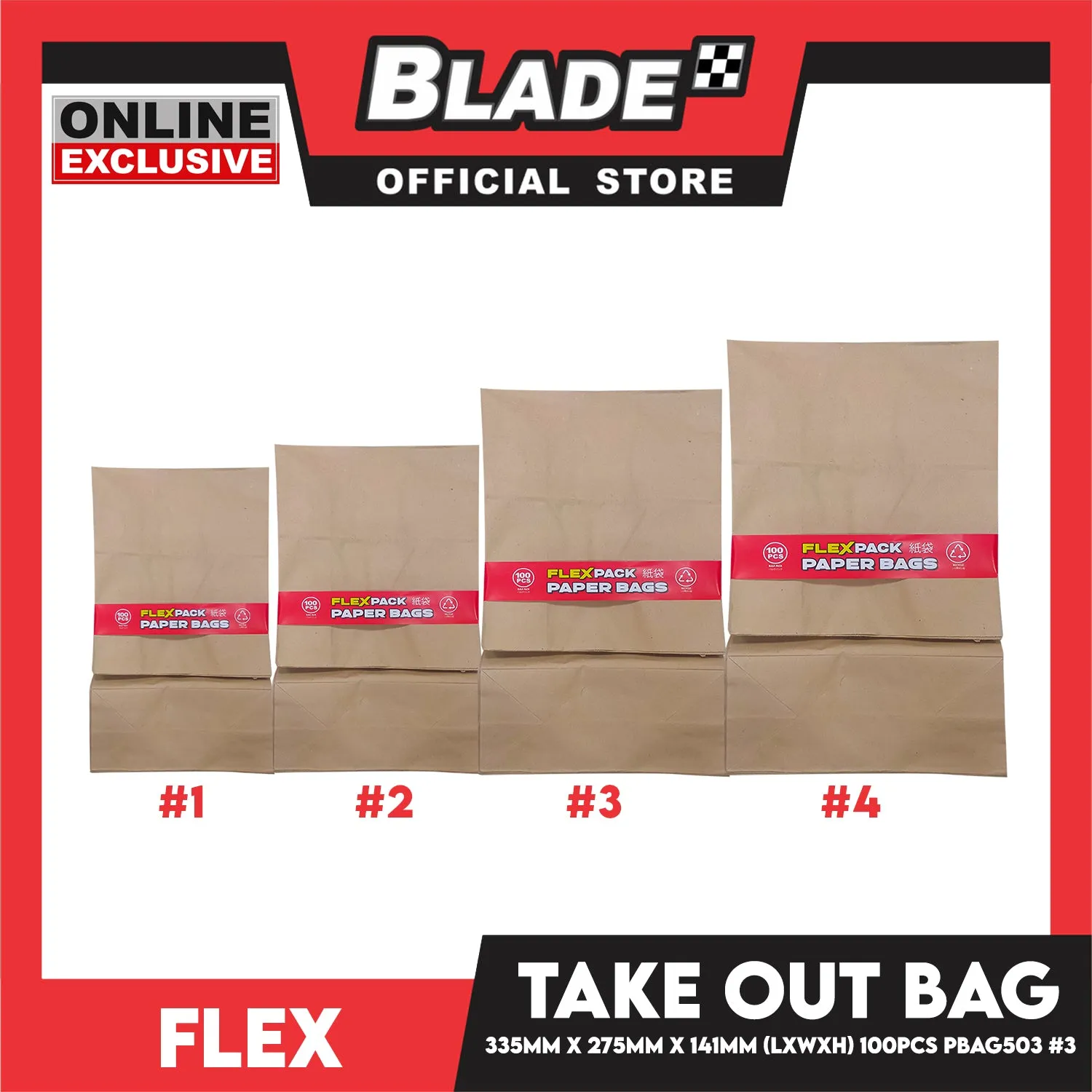 Flex Take Out Bag Paper Bags for Grocery Shopping 100pcs #3 PBAG503 335x275x141mm (LxWxH)