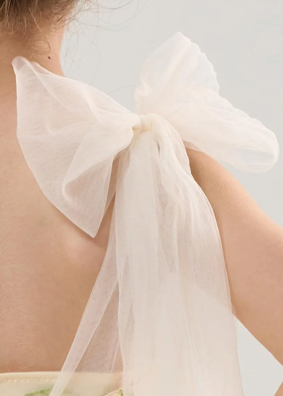 Floral Embroidered Tulle Strap Girl Dress in Ivory Knee