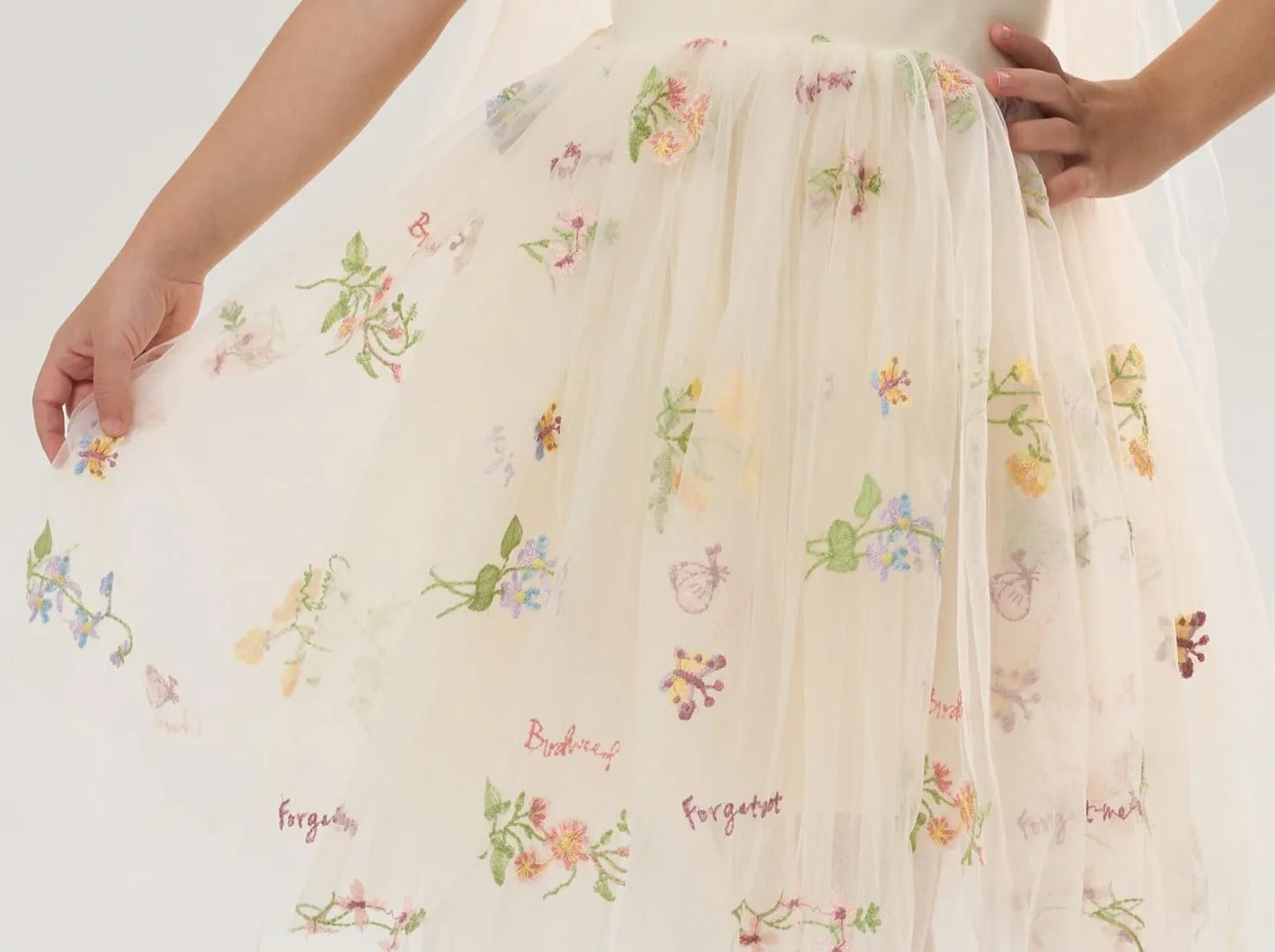 Floral Embroidered Tulle Strap Girl Dress in Ivory Knee