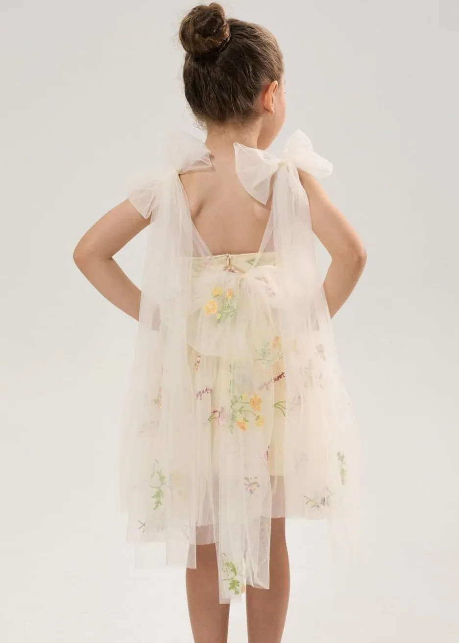 Floral Embroidered Tulle Strap Girl Dress in Ivory Knee