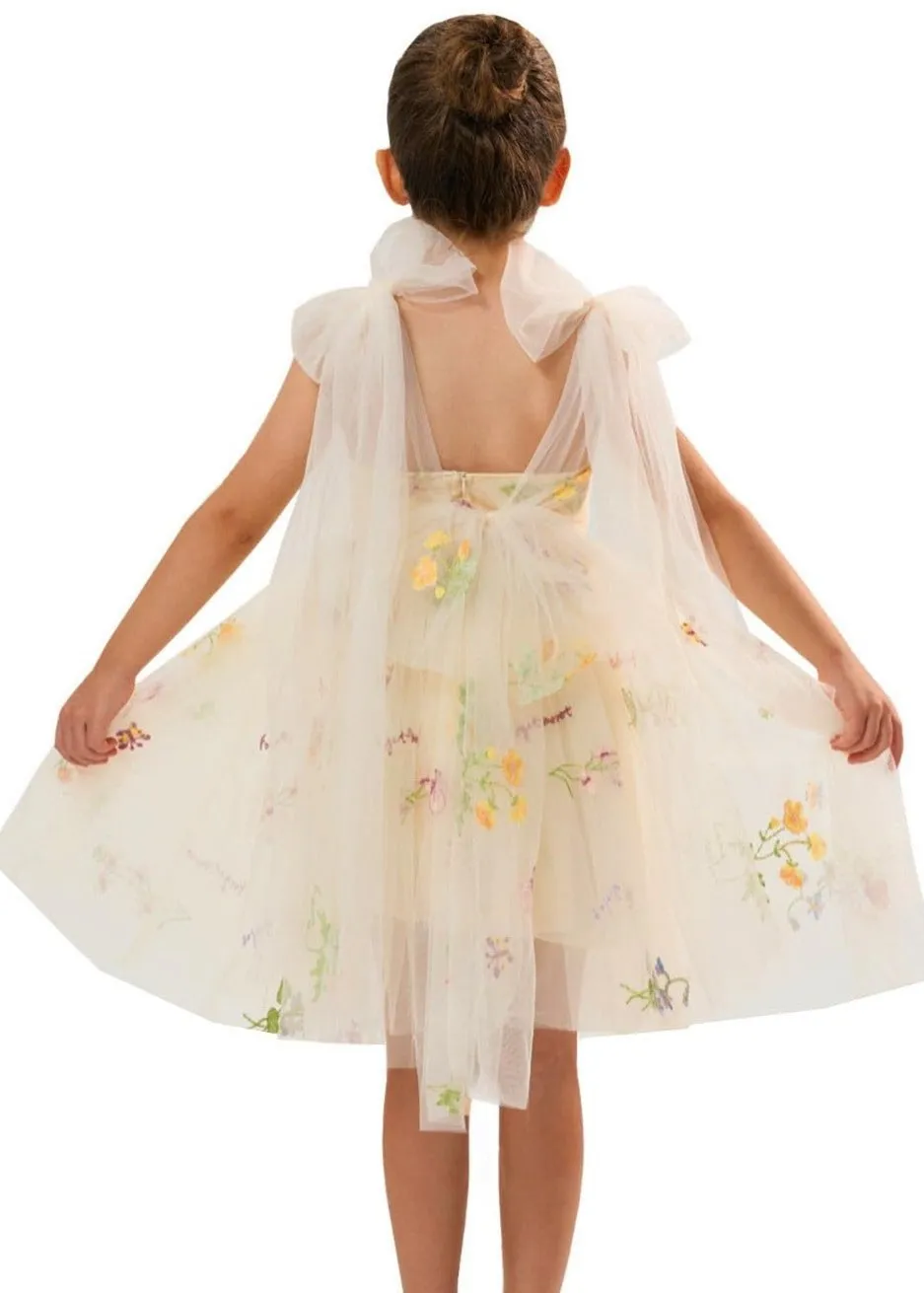 Floral Embroidered Tulle Strap Girl Dress in Ivory Knee
